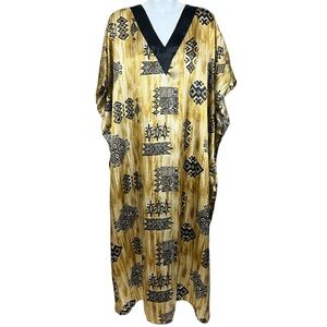 Vintage Winlar Gold Tribal Print Satin Kaftan/Maxi Dress/Cover Up OSFM